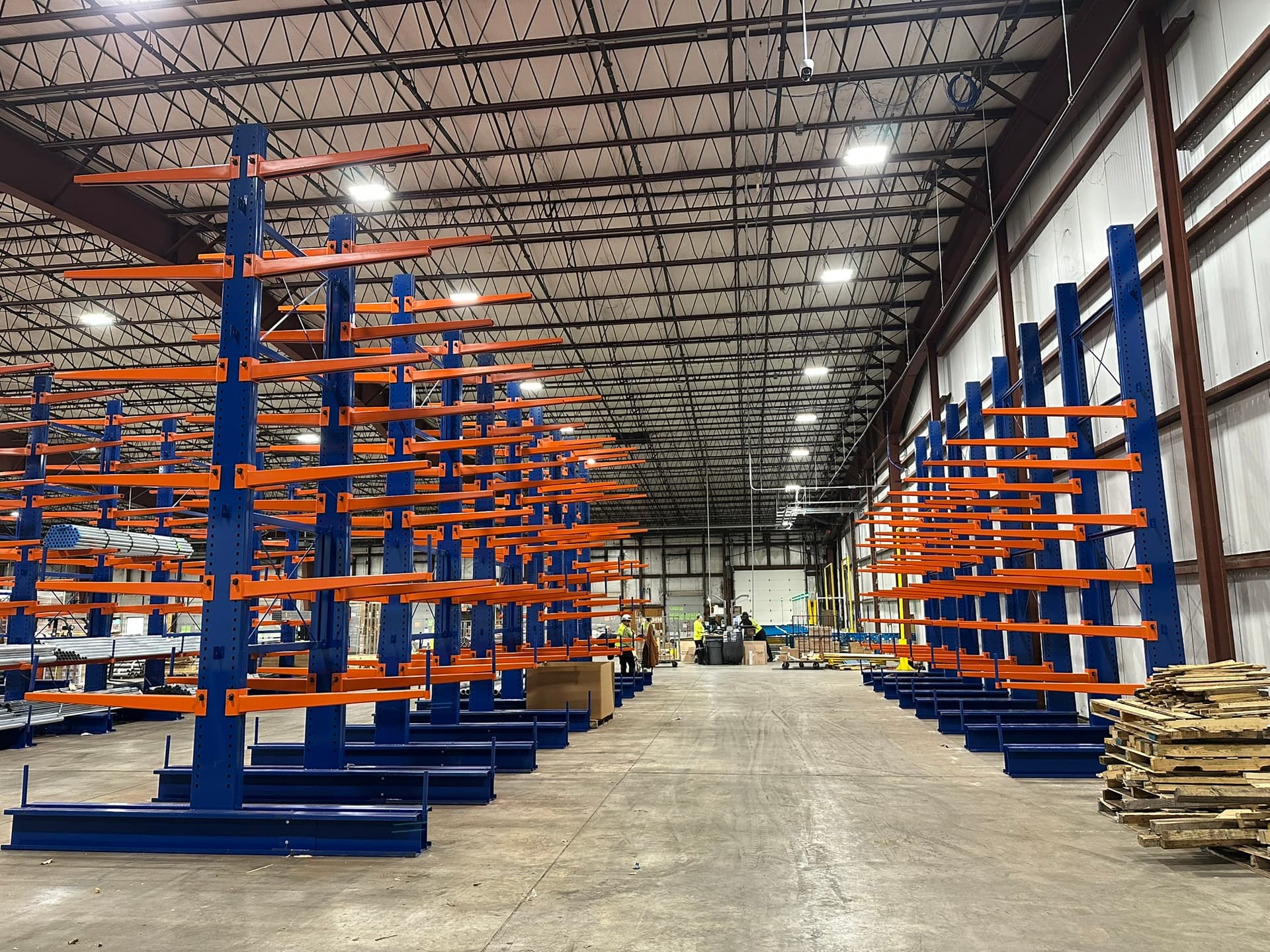 Cantilever racking installation in Central Pennsylvania — heavy-duty arms for lumber, pipe, and oversized loads